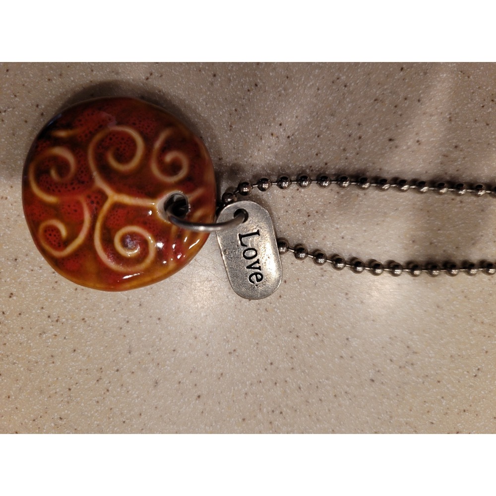 Artisan Ceramic‎ Swirl Pendant Necklace Brown Amber Love Tag Silver Ball Chain